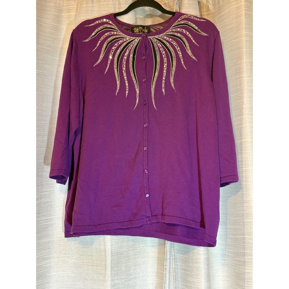 Bob Mackie Sz 2X Women's Wearable Art Purple Cardigan Sequins Silver Black 3/4
